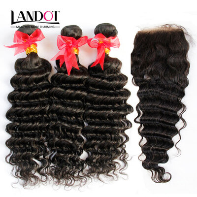 

10A Unprocessed Brazilian Virgin Human Hair Weave 3 Bundles With Lace Closure Deep Wave Curly Cuticle Aligned Remy Hair Extensions
