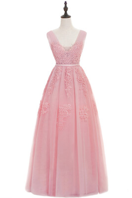

Lace A-line Long Evening Prom Formal Dresses V-neck Party Pageant Bridesmaid Gown 2018