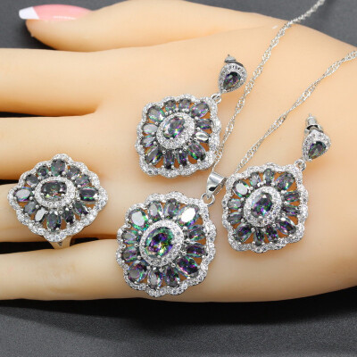 

Luxurious Blue Stone Silver Plated Jewelry Sets for Women Choker Dangle Earrings Ring Three Colors Available