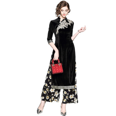 

2018 New Spring Chinese Indie Folk 2 Piece Black V-Neck Dress And Print Flower Pants Embroidery Two Piece