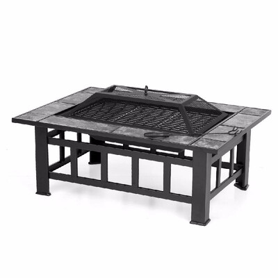 

IKayaa Metal Garden Backyard Fire Pit Patio Rectangular Firepit Stove Brazier Outdoor Fireplace W Firepit Cover & Poker BBQ