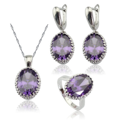 

EIOLZJ Purple Stone Silver Plated Jewelry Sets for Women Necklace Pendant Dangle Earrings Ring Free Jewelry Box 7 Colors Available