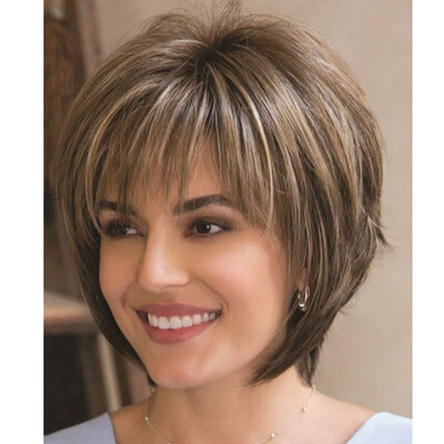 

QianBaiHui Bob Wigs for White Women Short Straight Wigs with Bangs Brown Mixed Blode Heat Resistant Synthetic Hair Fashion Wig