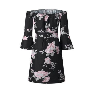 

Womens Fashion Summer Beach Boho Off Shoulder Floral Print Backless Mini Dress