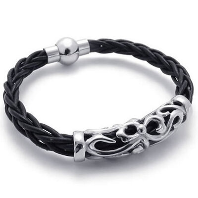 

Hpolw Stainless Steel Braided Black Leather Bracelet