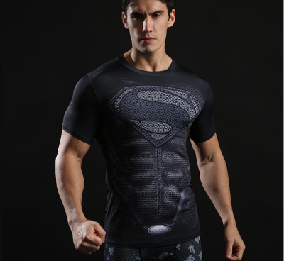 

Summer Mens Fashion Compression T shirts Tights Long Sleeve Training Workout Round Necks 3D Superman Fitness Tee Shirts