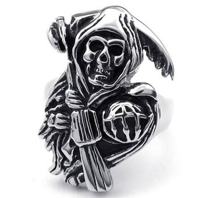 

Hpolw Stainless Steel Band Casted Grim Reaper Skull Biker Mens gothic Punk Style RingBlack&Silver