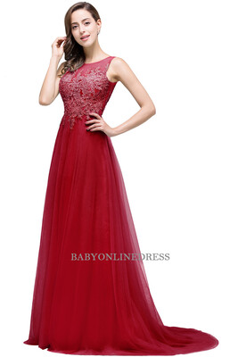 

Scoop Neck Lace Long Evening Dresses Tulle Applique Robe De Soiree Floor Length Formal Gowns Prom Party Dresses