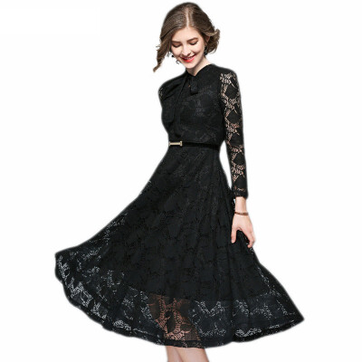 

2018 Black Elegant Bow Neck A-line Vintage Three Quarter Sleeve Midi Women with Sashes Beautiful Lace Dresses