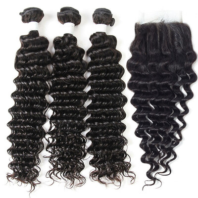 

8A Brazilian Virgin Hair Deep Wave With Closure 3 Bundles Brazilian Curly Human Hair Weave And Lace Closure 4Pcs Lot Natural Black