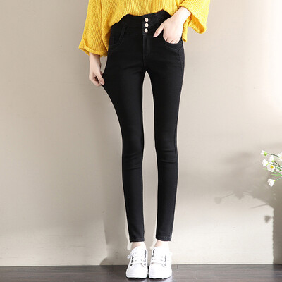 

Yu Zhaolin 2018 autumn new womens high waist buckle elastic pencil pants Slim wild feet denim trousers YWKN187443 black 27