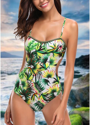 

2018 Women One Piece Swimsuit Swimwear Leaf Print Cut Out Bandage Bathing Suit