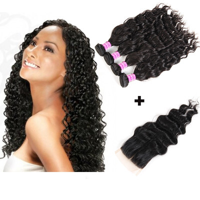 

8A Brazilian Virgin Human Hair Natural Wave Bundles with Closure 44 Middles Part Unprocessed Virgin Human Hair Extensions