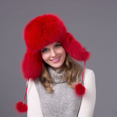 

FURART hot warm autumn&winter female Fox fur bomber hat snow cap fur womens hat ladies leather ear caps