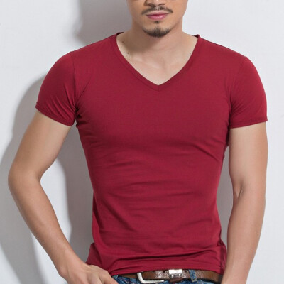 

Fashion Solid Color V-Neck Cotton Blends Short Sleeved Men&39s Slim T-Shirts