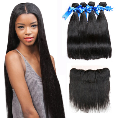 

WYF Virgin Hair Straight Hair 4 Bundles с фронтальными 100% малазийскими человеческими волосами Черный цвет