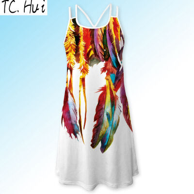 

Summer Dress Women Feather Print Vintage 3D Dress Sleeveless Boho Style Short Beach Dress 6 colors