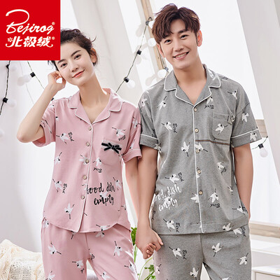 

Arctic velvet pajamas four seasons home clothes cotton men&women casual outer wear season short-sleeved cardigan cotton couple pajamas home service suits cranes female M