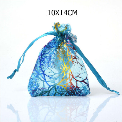 

FANLUS 100Pcs Drawstring Organza Bags Jewelry Favor Pouches with Coralline Print for GiftWeddingPartyFestival Blue