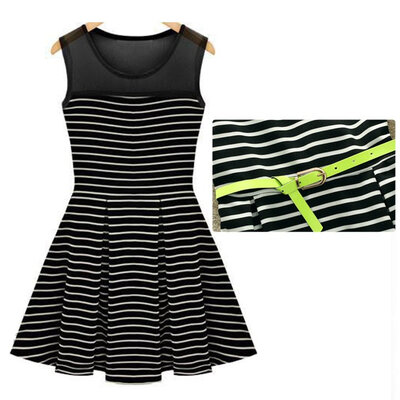 

Womens Chiffon Patchwork Cotton Dress With Belt Striped Sleeveless Dress