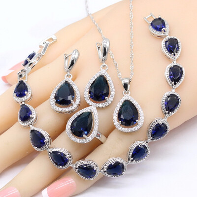 

925 Silver Jewelry Sets For Women Water Drop Dark Blue Sapphire Bracelet Earrings Necklace Pendant Rings