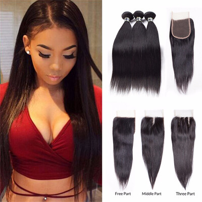 

Amazing Star Three Part Lace Closure with Bundles Brazilian Virgin Straight Hair with Closure Top Quality Human Hair with Closure
