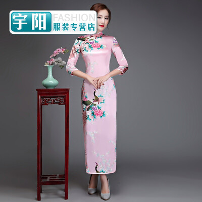 

Silk sleeves long cheongsam slim performance catwalk welcome ceremonial cheongsam dress large size retro