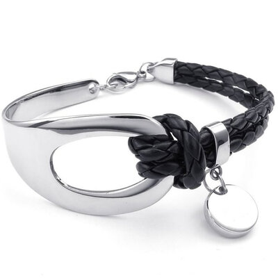 

Hpolw Womens Leather Stainless Steel Bracelet, Braided Bangle, Black Silver