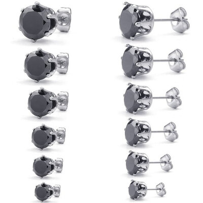 

Hpolw Mens Womens Cubic Zirconia Stainless Steel Round Stud Earring set, 3-8mm 6 Pairs, Black