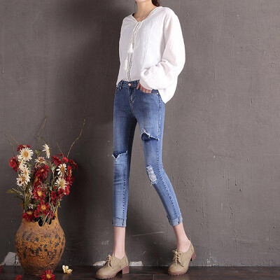 

2018 New Korean Women Zip Leggings Slim Holes Pencil Jeans Denim Long Pants Sheath Jeans Lady