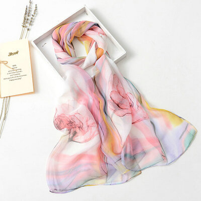 

Guttavalli New Women Fashion Flower Print Long Silk Shawl Sunscreen Stripes Scarf Soft Retro Pastoral Style Floral Ombre Scarves