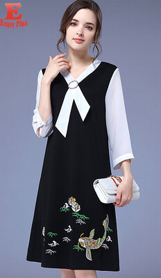 

L XL XXL 3XL 4XL 5XL plus size office autumn 2018 women dress 34 sleeve large size black faux two piece flower embroidery lady