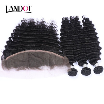 

9A Lace Frontal Closures With 3 Bundles Brazilian Virgin Human Hair Weave Deep Wave Curly 4Pcs Lot Unprocessed Remy Hair Extension