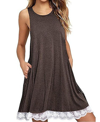 

Summer Women Casual Round Neck Solid Color Loose Sleeveless Beach Tank Top A-line Pocket Dress Sexy Short Club Party Mini Hal