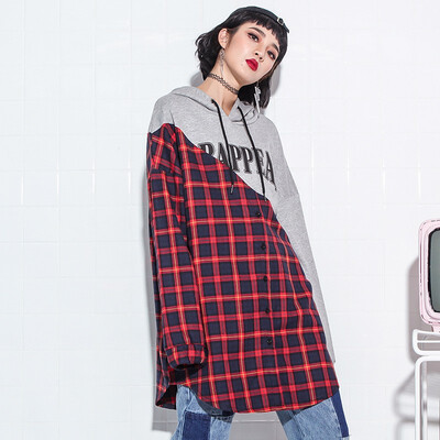 

Womens Spring 2018 New Hit Color Plaid Stitching Hooded Tide BF Long Long-sleeved Bottoming Sweatshirt for Women