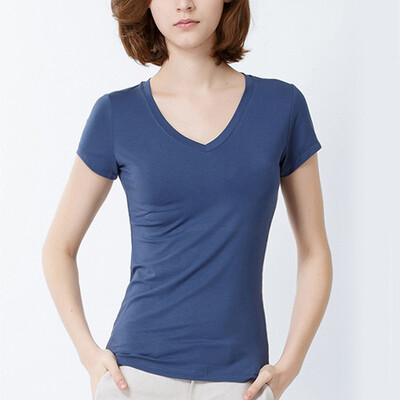 

Canvaus Summer New Modal Slim Solid Simple V-neck Short-sleeved Basic Womens T Shirt