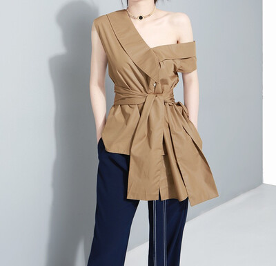 

chest 82-88cm new casual cotton summer 2018 long blouse women sleeveless off shoulder black khaki V neck sexy irregular with bow