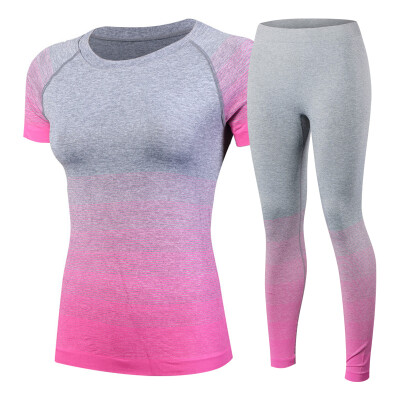 

New Gradiet Color Compression T Shirt Running sets Training Clothes Short