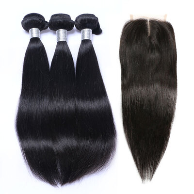 

8A Indian Virgin Hair Straight With Closure 3 Bundles Unprocessed Indian Human Hair Weave And Lace Closure 4 Pcs Lot Natural Black