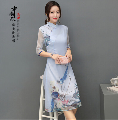 

2018 лето новый воротник с короткими рукавами Cheongsam ретро искусства сшивание печатной одежды
