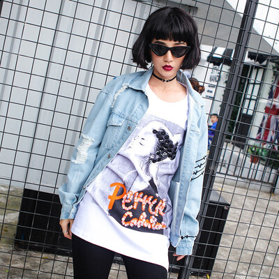 

New 2018 Spring&Autumn Womens Tide Top Coat Loose High Street Tide Hole Print Denim Jackets