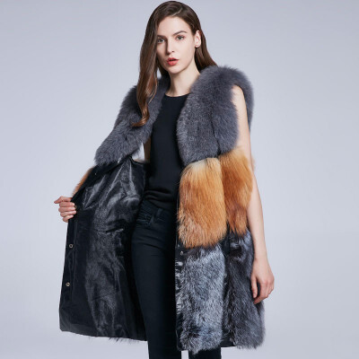 

Winter womens jacket fox long natural fur vest genuine fur vest warm fox fur collar multi-color stitching 2018 new discount