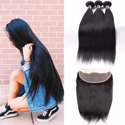 

Amazing Star Straight Ear to Ear Lace Frontal with Bundles Brazilian Virgin Human Hair Bundles with Closure 13x4" Free Part