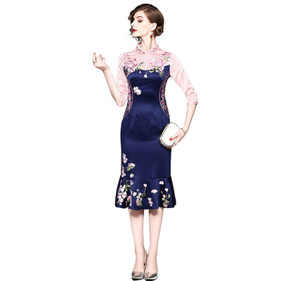 

2018 New Summer Sexy Trumpet Two Color Patchwork With Embroidery Mid-Calf Dress Queen Bodycon Dress Women