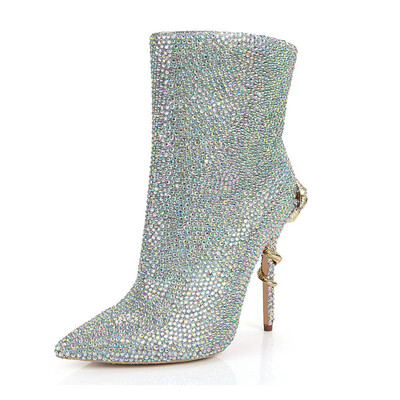 

Fashion Coloured snake heel Color diamond Sharp head Short boots Nightclub wedding High heel boots