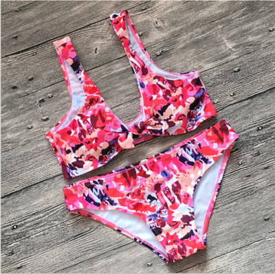

2018 Sexy Print Vest Women Bikinis Set Strap Swimsuit Women Mid Waist Swimwear Front Tie Knot Biquini Bathing Suit