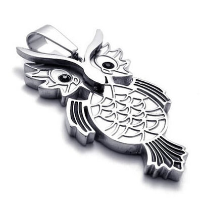 

Hpolw New Design Stainless Steel Sterling Silver OWL Pendant Mens Womens Black Crystal Necklace 18-26 inch Chain