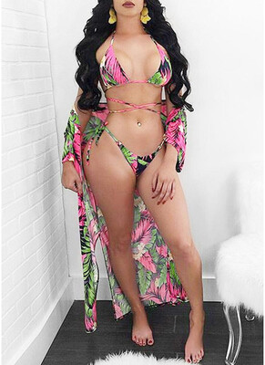 

2018 Floral Print Halter Cross Bandage Top Bottom Bikini Cover Up Swimwear