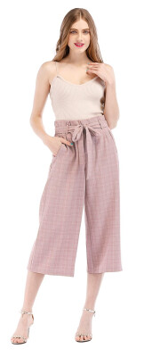 

Women Hight Waist Capri Wide Leg Pants Plaid Pattern Palazzo Cropped Trousers