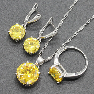 

Pink Stone Silver Plated Wedding Jewelry Sets for Women Necklace Drop Earrings Ring Eight Colors Available Free Jewelry Box